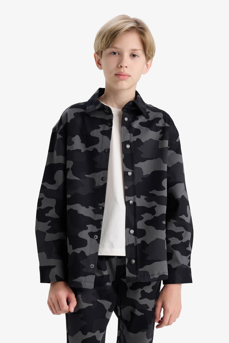 DeFacto Grey Boy Boy Oversize Camouflage Pattern Gabardine Shirt Casual - Image 3